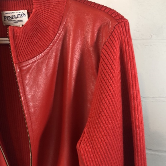 Pendleton Leather Wool Zip Front Jacket Size MP Red Ribbed - Picture 5 of 7